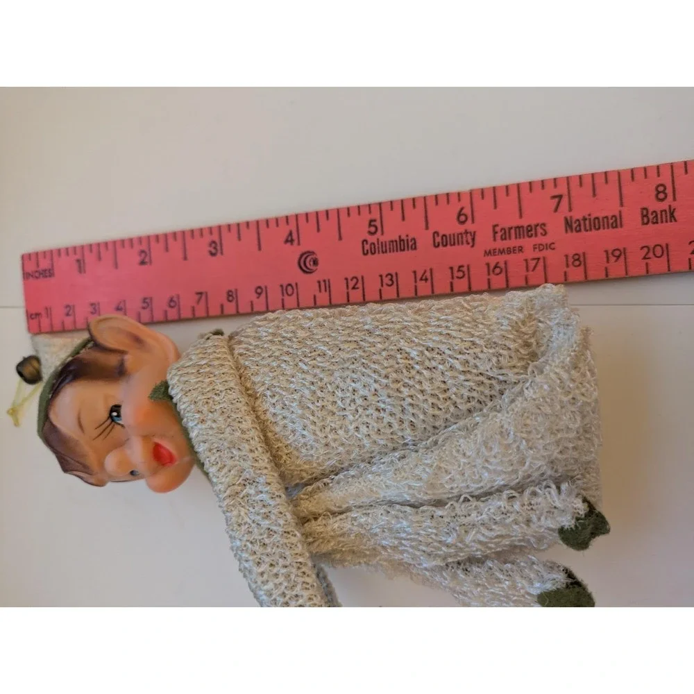 Vintage Christmas Knee Hugger Elf Pixie White Green Bell Ornament Doll Figure Ti